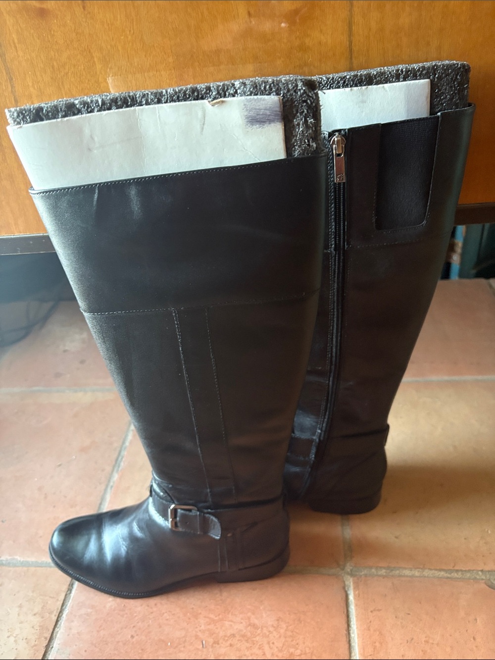Anne Klein Women's Tall Leather Boots with Stretch Panel and Inside Zipper